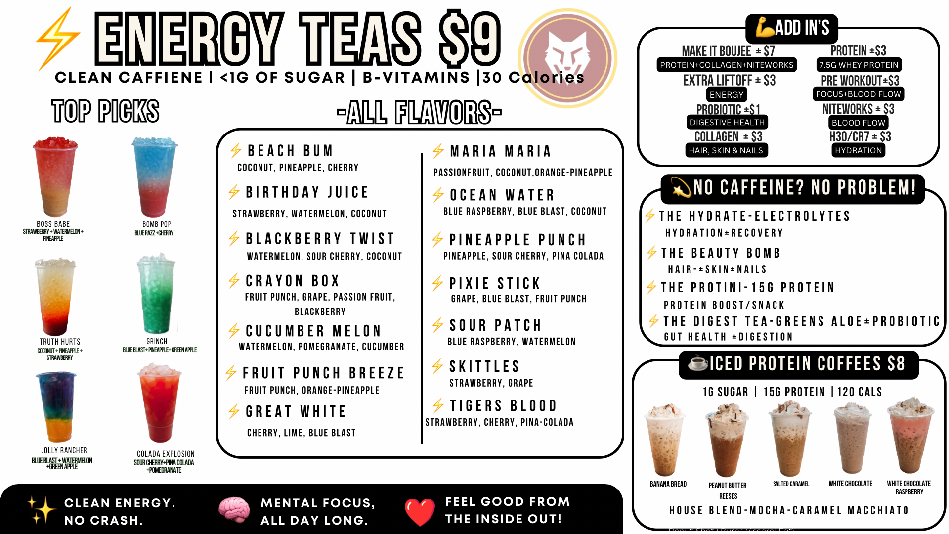 Wolf Nutrition Energy Teas menu — $9 loaded teas, add-ins, caffeine-free options, and iced protein coffees