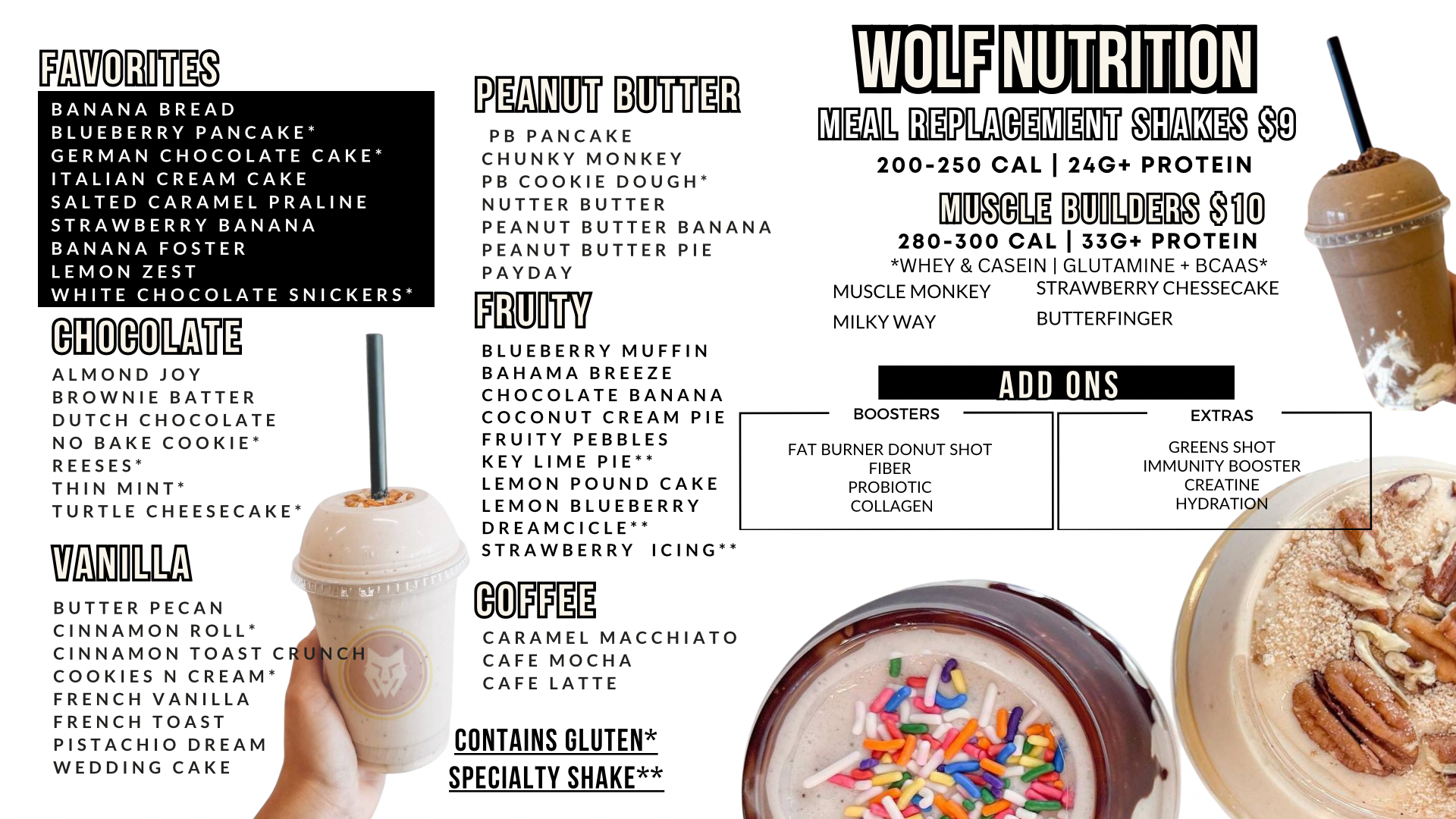 Wolf Nutrition Meal Replacement Shakes menu — $9 shakes in 40+ flavors, muscle builders, and boosters